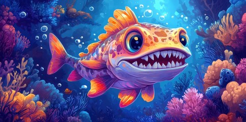 Fototapeta premium Colorful Cartoon Fish Swims Among Vibrant Coral Reef