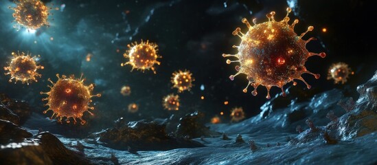 Swirling viruses in a dark space, illuminated with bioluminescent glows, scientific imagery 
