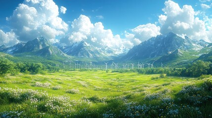 Fototapeta premium Wind turbines scattered across a grassy plateau, with a high-tech control center monitoring the green energy production.