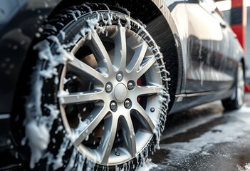 Car Wash Detailing Clean Alloy Wheels Soap Suds Closeup