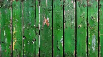 Old green wooden planks with peeling paint, textured surface, rustic background.