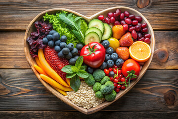 Heart-Shaped Bowl of Fresh Fruits and Vegetables - Vibrant Healthy Eating Concept.