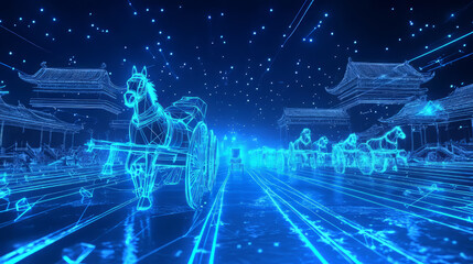 Horse-drawn carriages walk on the streets, horse-drawn carriages account for most, blue SLATE road, ancient city atmosphere.