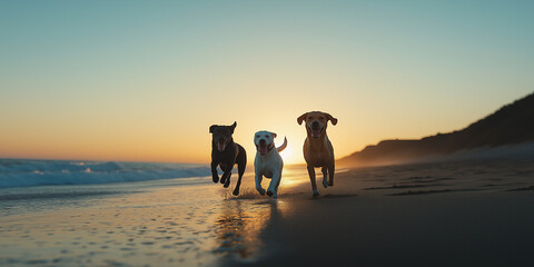 long shot of dogs playing on the beach running, sunrise, wild beach nature happy dogs, lifestyle, joyful summer shot, low focus, movement. Themes of lifestyle, beach, holidays, fun