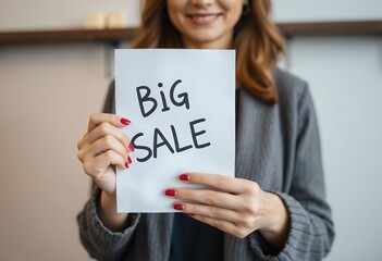 Woman Holding Big Sale Sign Retail Marketing Promotion Advertisement
