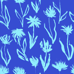 Blue Freehand Iris Flower Dry Brush Seamless Pattern