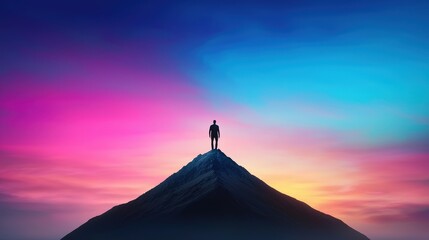 Man on Mountain Peak  Colorful Sunset  Fantasy Landscape  Achievement  Success
