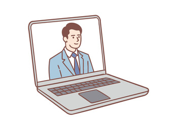 Online meetings and video conferences using laptops for communication. Hand drawn style vector design illustrations.