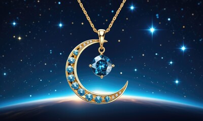 Elegant crescent moon necklace with blue gemstone against night sky