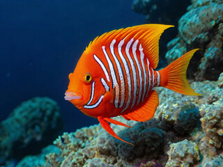 flame angelfish in blue sea