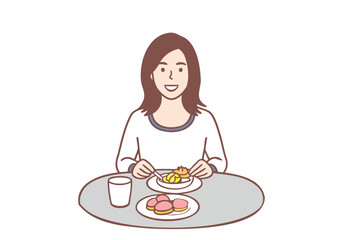 A young woman is eating food on the table. Hand drawn style vector design illustrations.