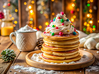 Delicious Pancakes stacked high, topped with whipped cream and colorful sprinkles. Holiday Food Background