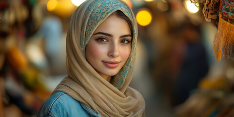 late 40's pretty middle eastern woman in hijab and abaya, weaves Middle Eastern Saudi threaded pattern onto denim jacket of mid 20's beautiful Asian woman, in middle eastern.