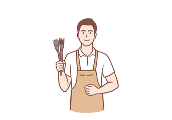 A smiling artist stands with a paintbrush. Hand drawn style vector design illustrations.
