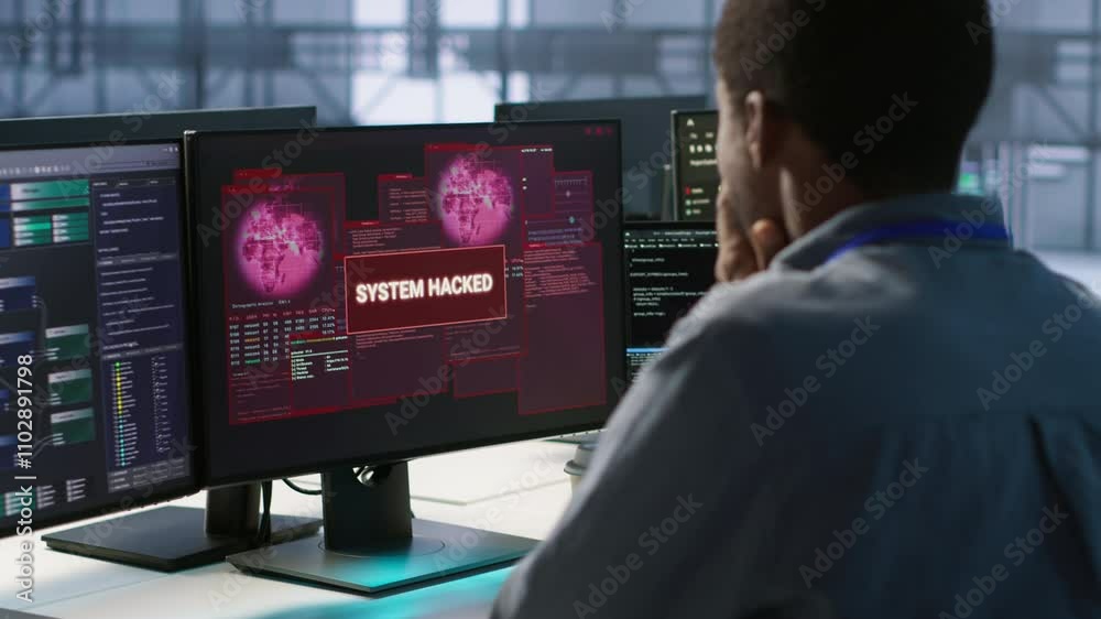 Poster engineers seeing system hacked popup on pc screen in data center, requesting help from cybersecurity