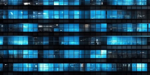 Modern office building facade with blue tinted windows and glowing lights at night