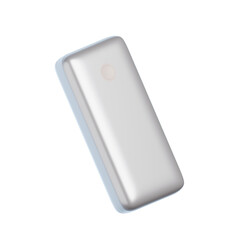 3D render of a simple, minimalistic silver power bank, floating in the air on a black background, shot from a low angle, in high resolution.