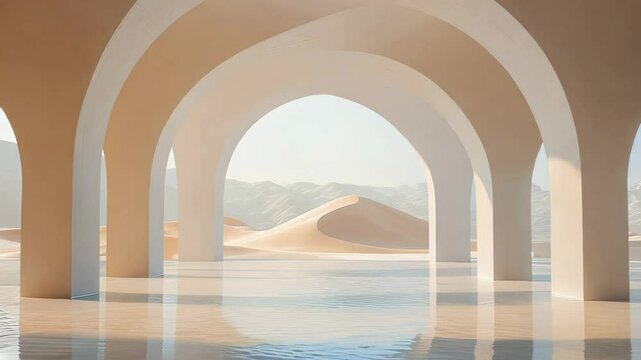 Abstract desert landscape with arches and reflected water under soft light
