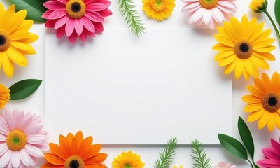 Obraz premium Vibrant floral frame with blank white card surrounded by colorful blossoms