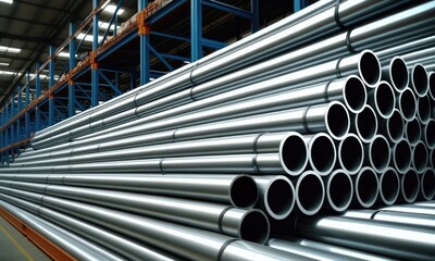 Industrial steel pipes in warehouse setting with blue shelving units and stacked metal tubes