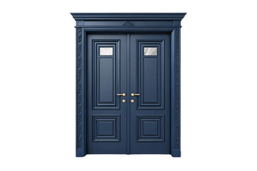 A navy blue double door with two frosted glass panels, gold handles, and subtle decorative carvings, isolated on a transparent background