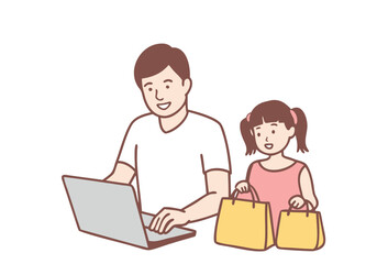 A father is teaching his daughter how to use a computer. Hand drawn style vector design illustrations.