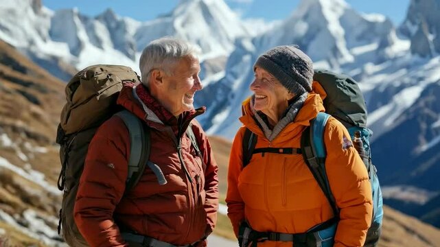 Senior adventurers embrace hike in stunning mountainous landscape