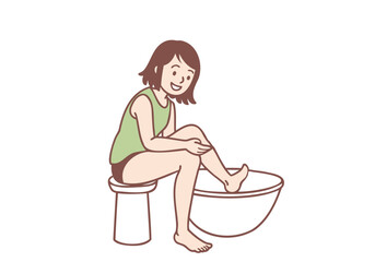 A young woman is shaving her shins. Hand drawn style vector design illustrations.