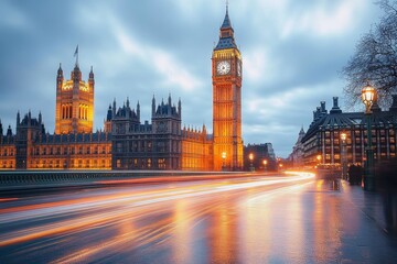 London Skyline at Dusk Featuring Big Ben and Houses of Parliament with Light Trails