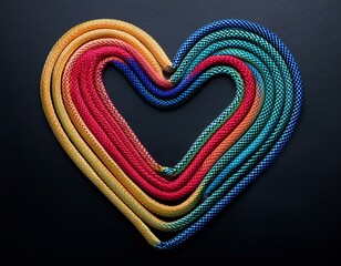 Obraz premium A heart of colorful ropes symbolizing love, unity, and teamwork, standing out against a black background