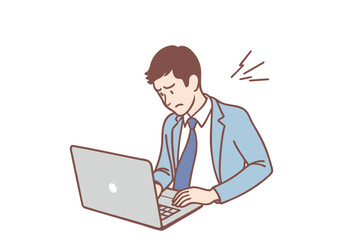 A young businessman is sitting at his desk working and has pain in his neck, shoulders, and back. Hand drawn style vector design illustrations.