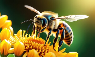 Macro capture of honeybee pollinating vibrant yellow daisy in sunlit garden