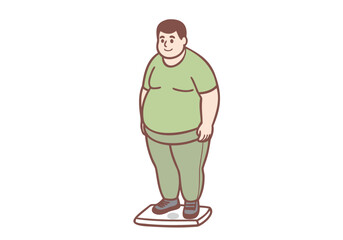 An overweight man stands on a scale. Hand drawn style vector design illustrations.