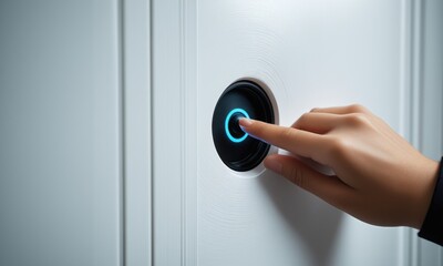 Person using smart doorbell with blue led light on white door for security