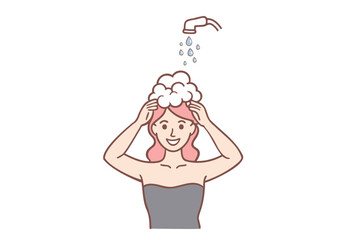 A young woman is taking a shower and washing her hair. Hand drawn style vector design illustrations.
