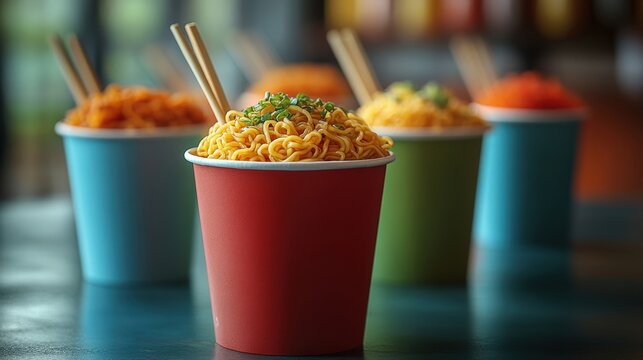 Colorful takeaway noodle boxes with chopsticks ready for a flavorful meal in a cozy setting