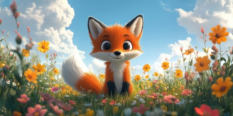 Fototapeta premium Adorable Fox Sitting in a Sunny Wildflower Meadow