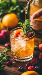 Artful Craft Cocktail Garnish, close-up view showcasing fresh herbs and vibrant fruits, ideal for bar and restaurant marketing, celebrating the creativity of mixology.