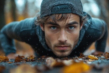 Young man doing push-ups outdoors in a park, showcasing fitness and determination.