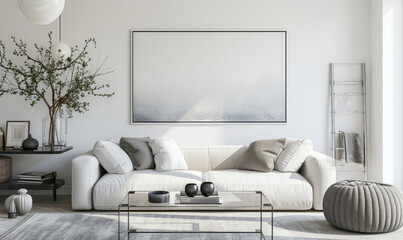 The living room interior is adorned with various elements such as a mock up poster frame, a white sofa, a modern pouf, a glass coffee table, a vase with a branch, a stylish rack, and silver personal