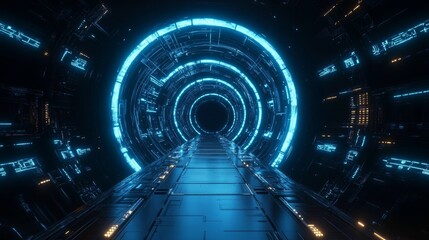 Obraz premium Futuristic Blue Lit Circular Tunnel Space Portal to Other Dimension