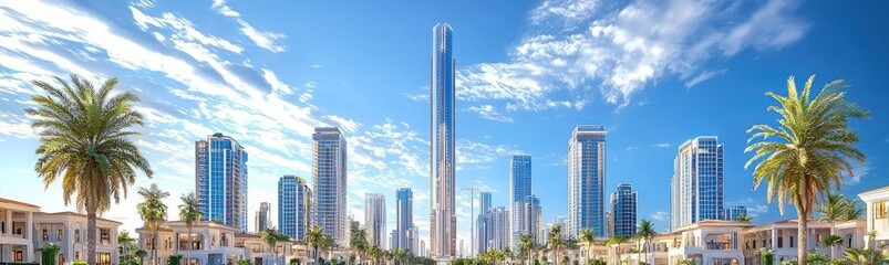 Fototapeta premium Modern skyline with skyscrapers and palm trees under a bright blue sky.