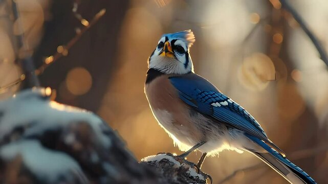 Captivating Blue Jay Against a Glimmering Bokeh Background with Soft Golden Tones