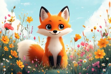 Fototapeta premium Adorable Orange Fox Amidst Vibrant Wildflowers