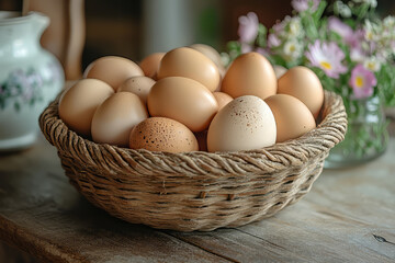  A rustic basket filled with fresh, organic eggs from a farm, set on a wooden table.