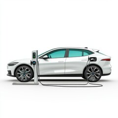Modern electric vehicle (EV) plugged into a charging station isolated on white background