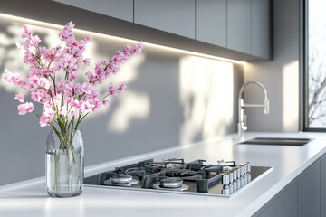 Modern kitchen interior sleek gas cooktop white countertop gray cabinets