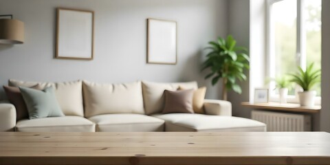 Fototapeta premium A wooden table in the foreground with a blurred living room scene in the background, including a beige sofa and potted plants