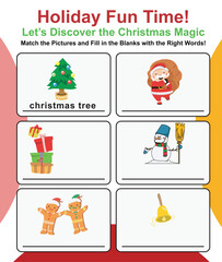 Writing practice with Christmas theme. Exercise for children to recognize pictures. Worksheet for learning English. Educational activity for children. 