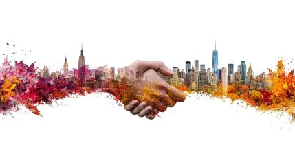 Vibrant Handshake Over City Skyline in Autumn Colors Symbolizing Partnership and Collaboration in New York with Creative Artistic Effect